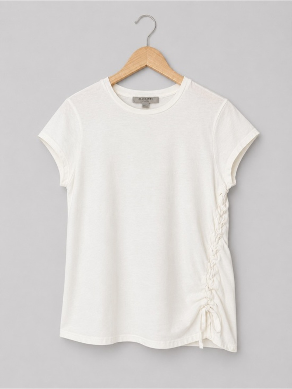 AllSaints White Ruched Side Tie Tee Minimalist Crew Neck Short Sleeve Cotton Top